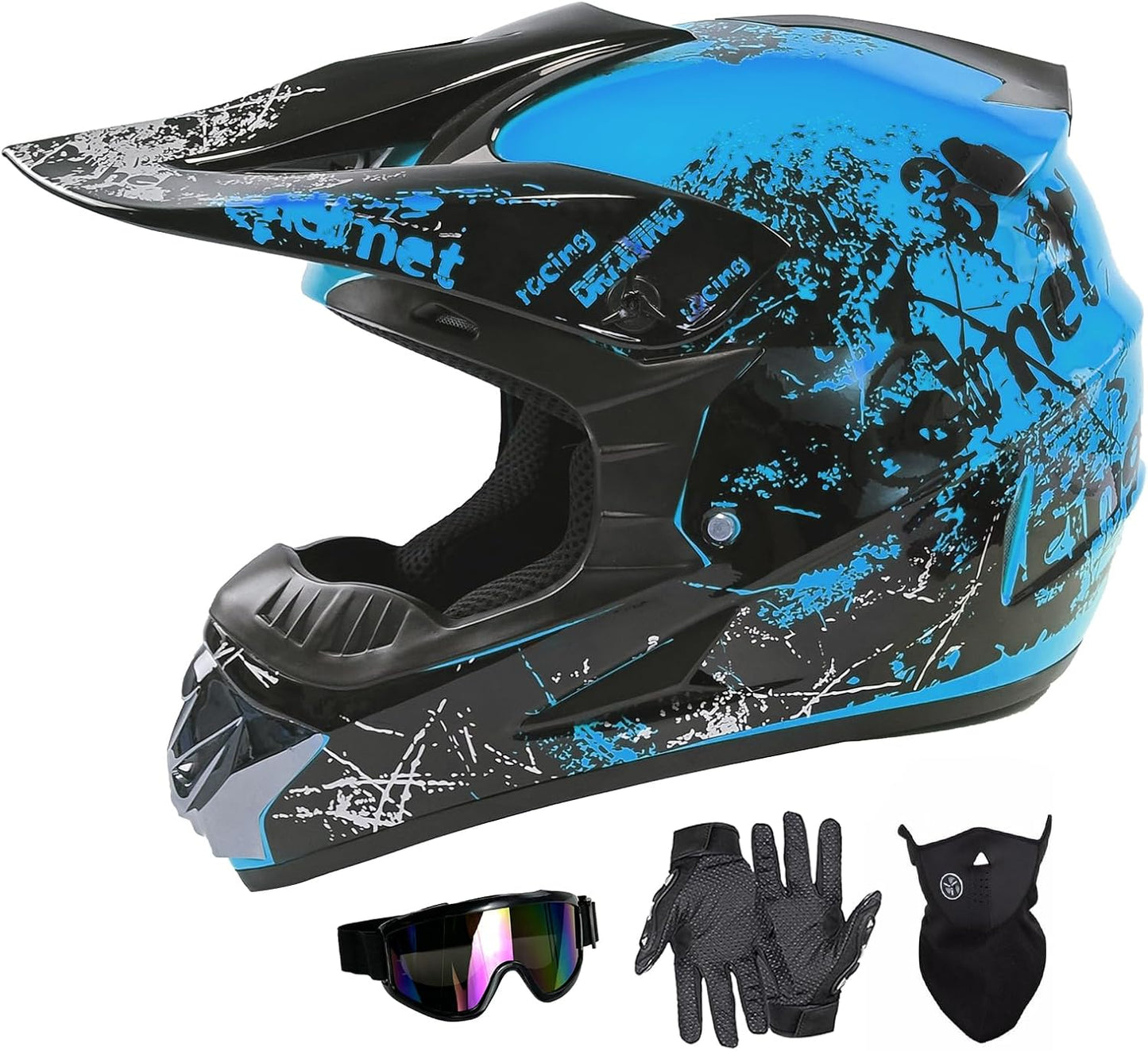 Dirt Bike Helmets Kids Motorcycle Helmet Youth ATV Motocross Full Face Men Women Off-Road Mountain Bike Helmet Adult with(Gloves Goggles Mask) DOT Approved 4Pcs Set