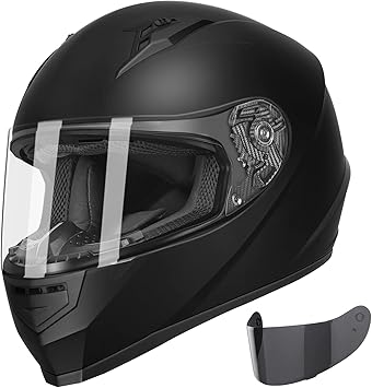 Compact Motorcycle Helmet - Matte Black, X-Large - Full Face w/ Tinted Visor, DOT Approved