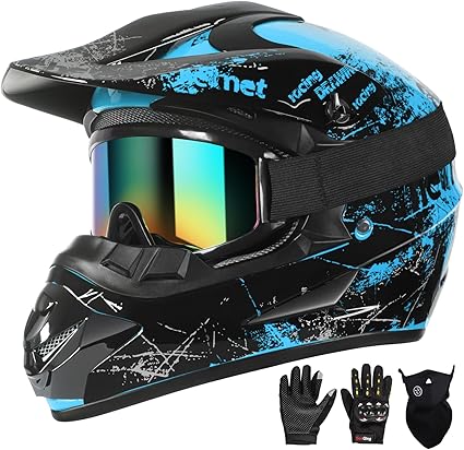 Dirt Bike Helmets Kids Motorcycle Helmet Youth ATV Motocross Full Face Men Women Off-Road Mountain Bike Helmet Adult with(Gloves Goggles Mask) DOT Approved 4Pcs Set